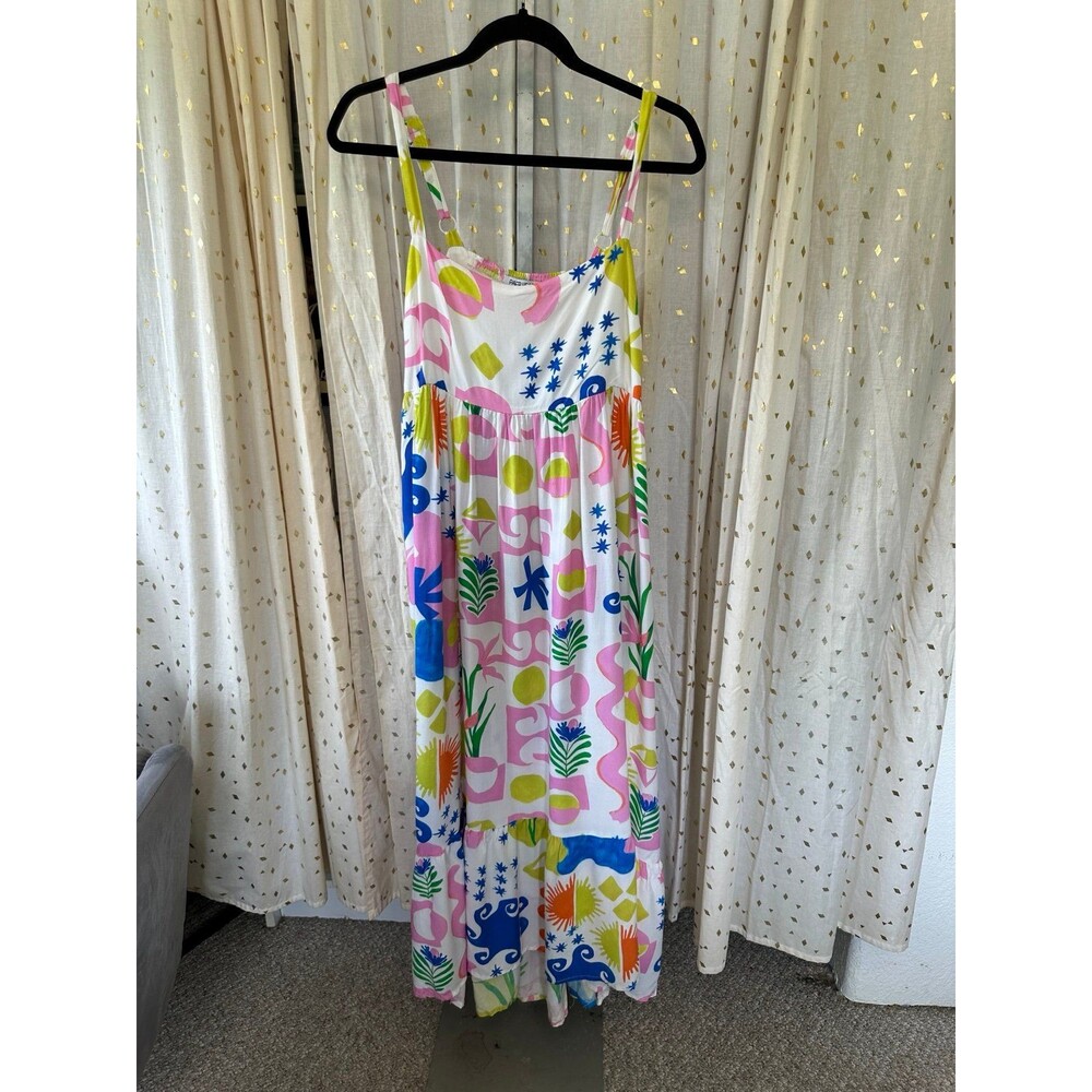 Paper Heart Women's Square Neck Colorful Tropical Summer Pockets Maxi Dress L - Picture 4 of 9